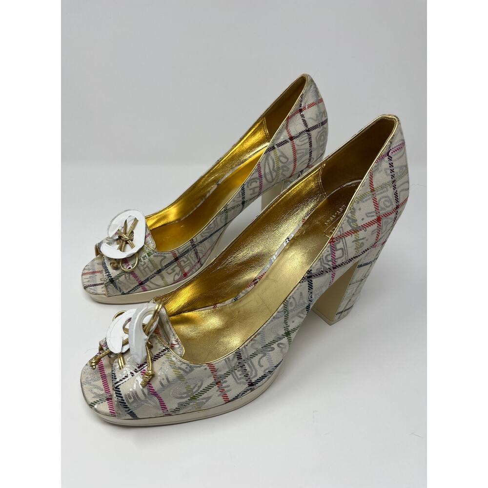 Coach Corey cream pumps platform heels peep toe monogram 11 B New plaid gold